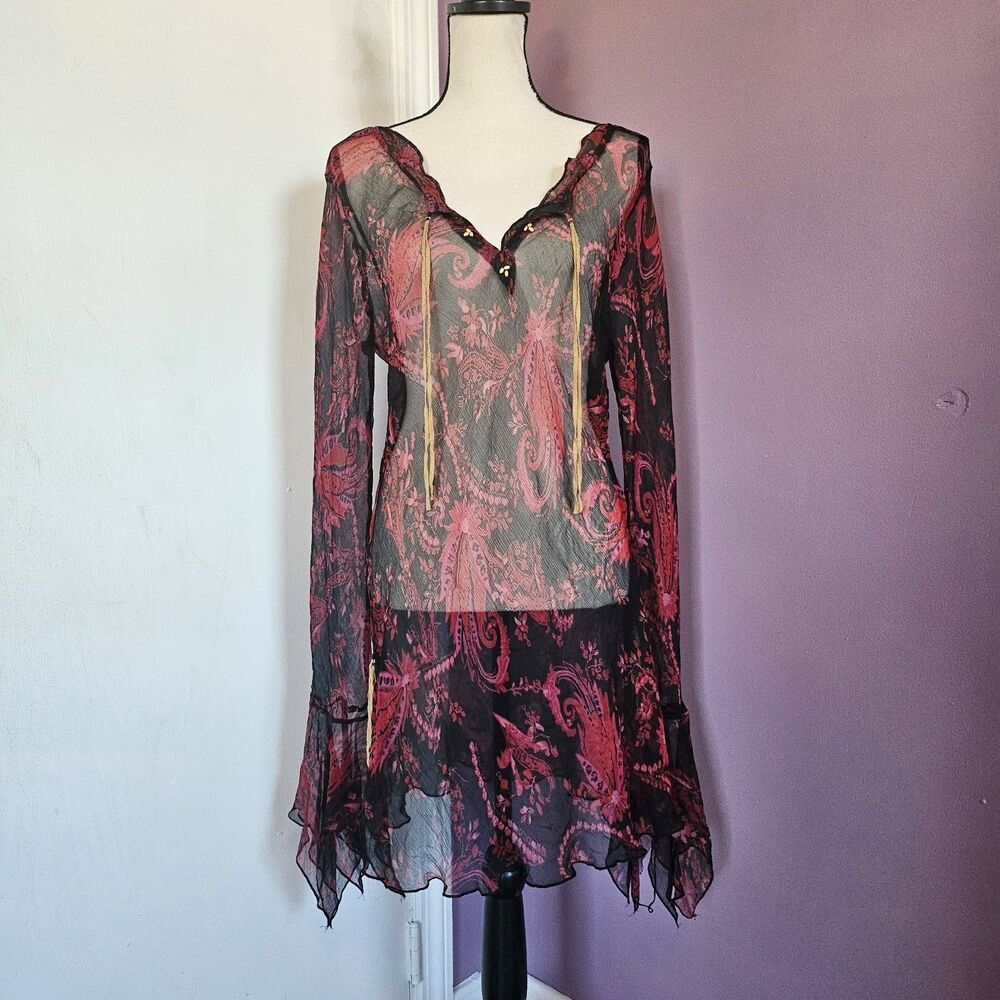Rampage Vintage Y2K 2000s 100% Silk Sheer Whimsygoth Boho Bell Sleeve Tunic